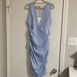 Sara Campbell Elegant Blue Pinstripe Rusched Dress Size 10
